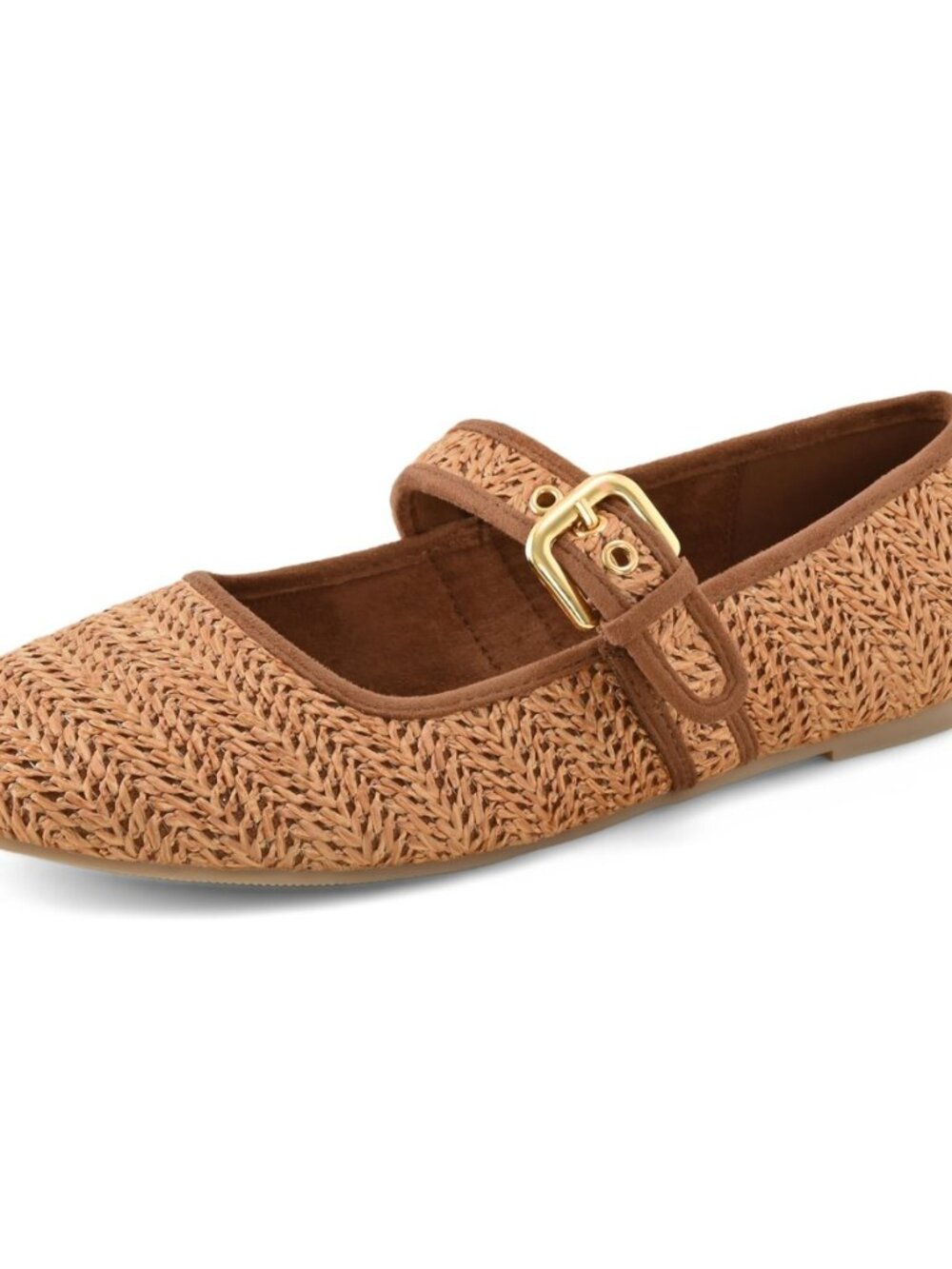 Raffia Ballet Flats for Women Round Toe Woven Mary Jane Shoes with Buckle Strap